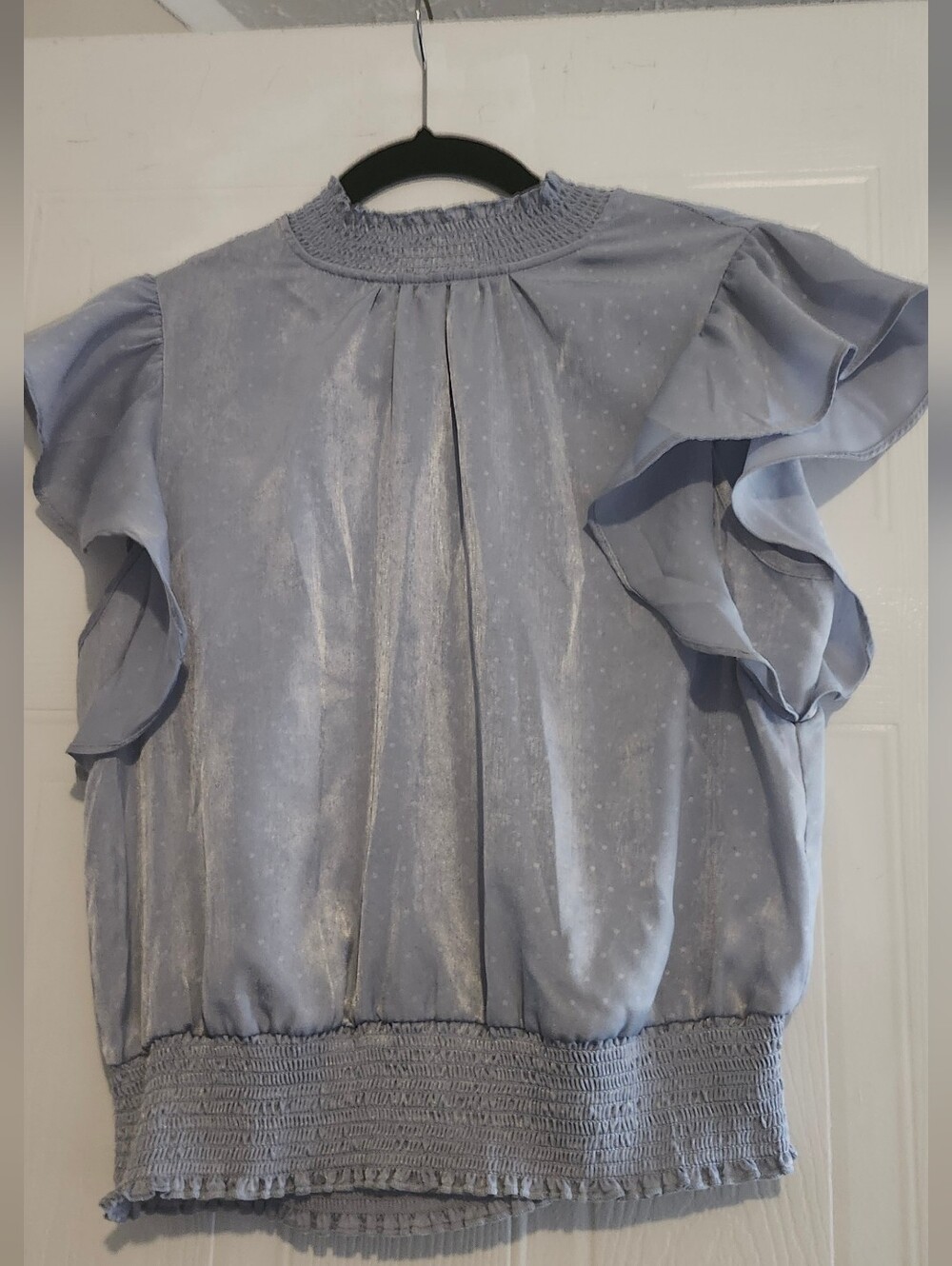 Pleione Light Blue Smocked Neck Flutter Sleeve Blouse